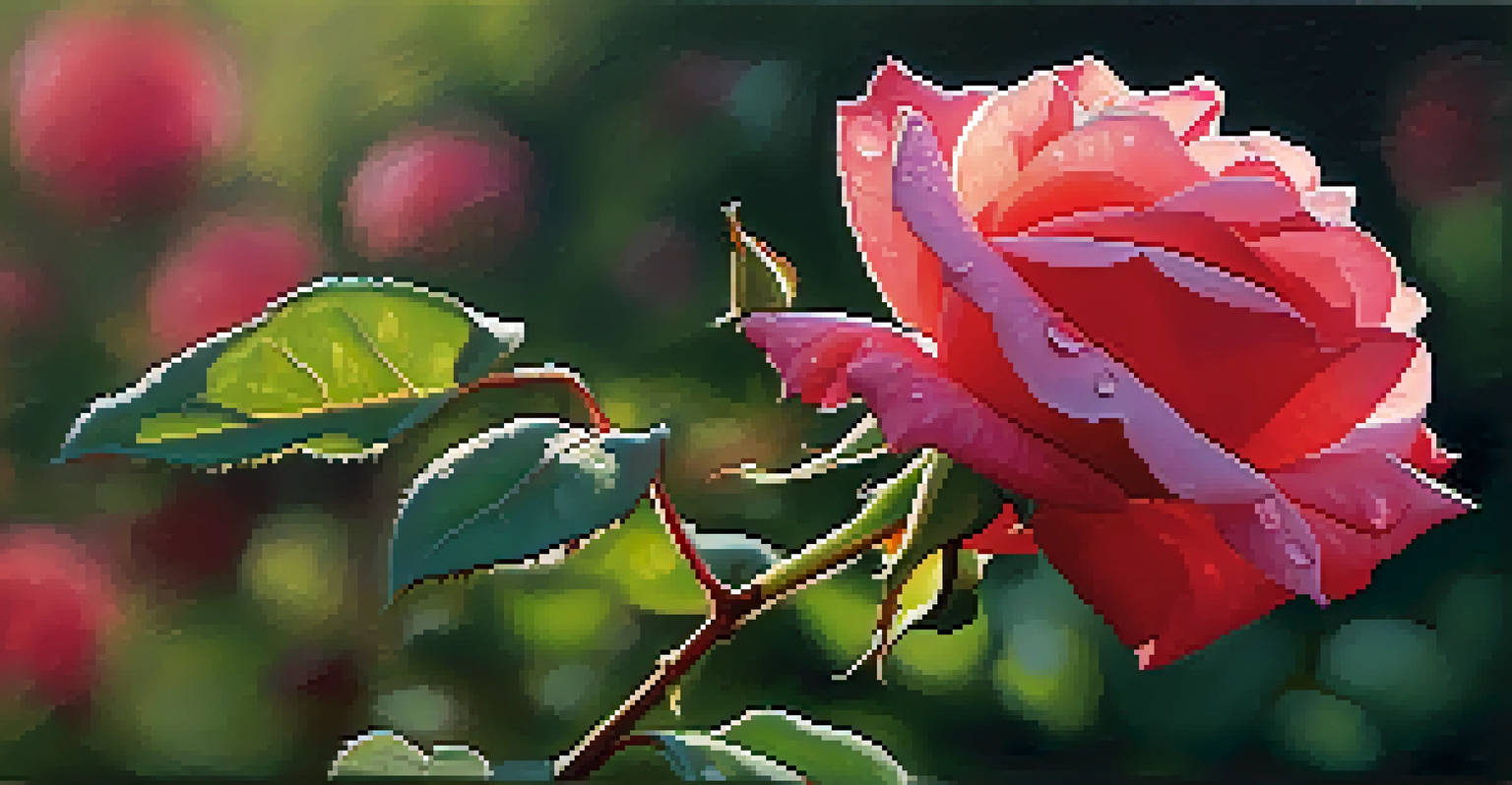 Close-up of a vibrant pink rose in a park, with dew drops glistening on the petals in soft morning light.