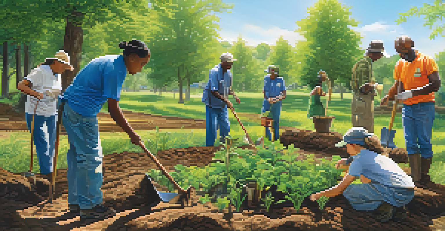 Community members actively participating in a habitat restoration event, planting trees and working together in a green landscape.