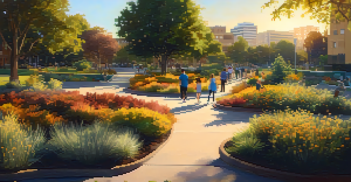 A colorful urban park in Sacramento with native plants and families enjoying the outdoors during sunset.