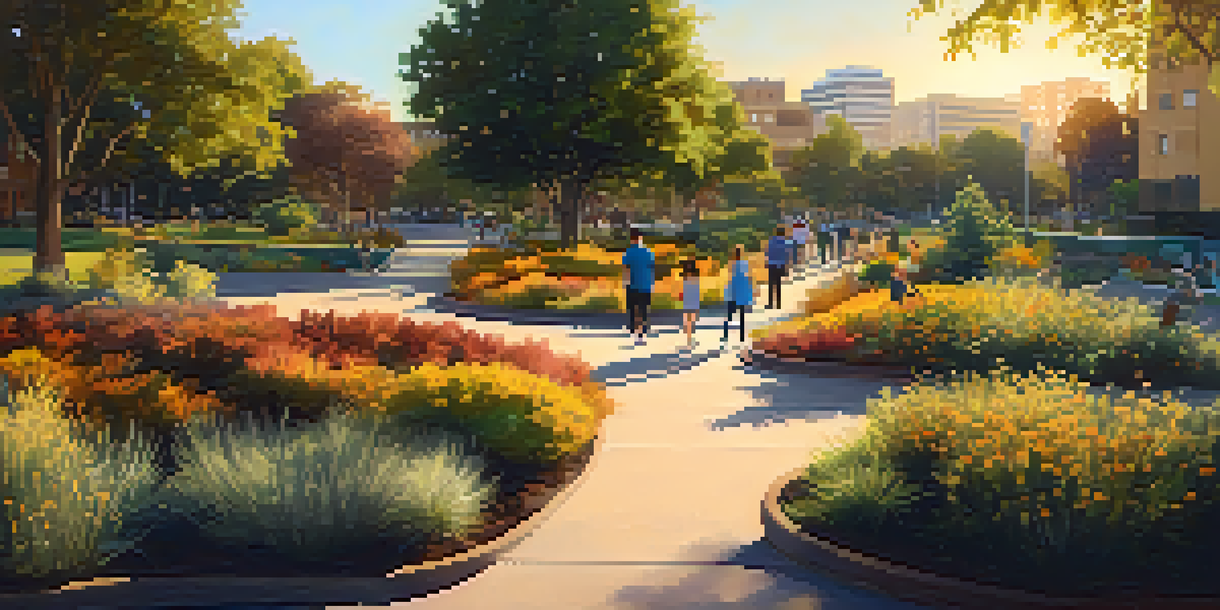 A colorful urban park in Sacramento with native plants and families enjoying the outdoors during sunset.