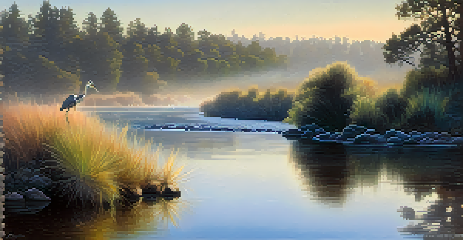 A serene morning view of the American River with a heron and mist rising above the water under a pastel sky.
