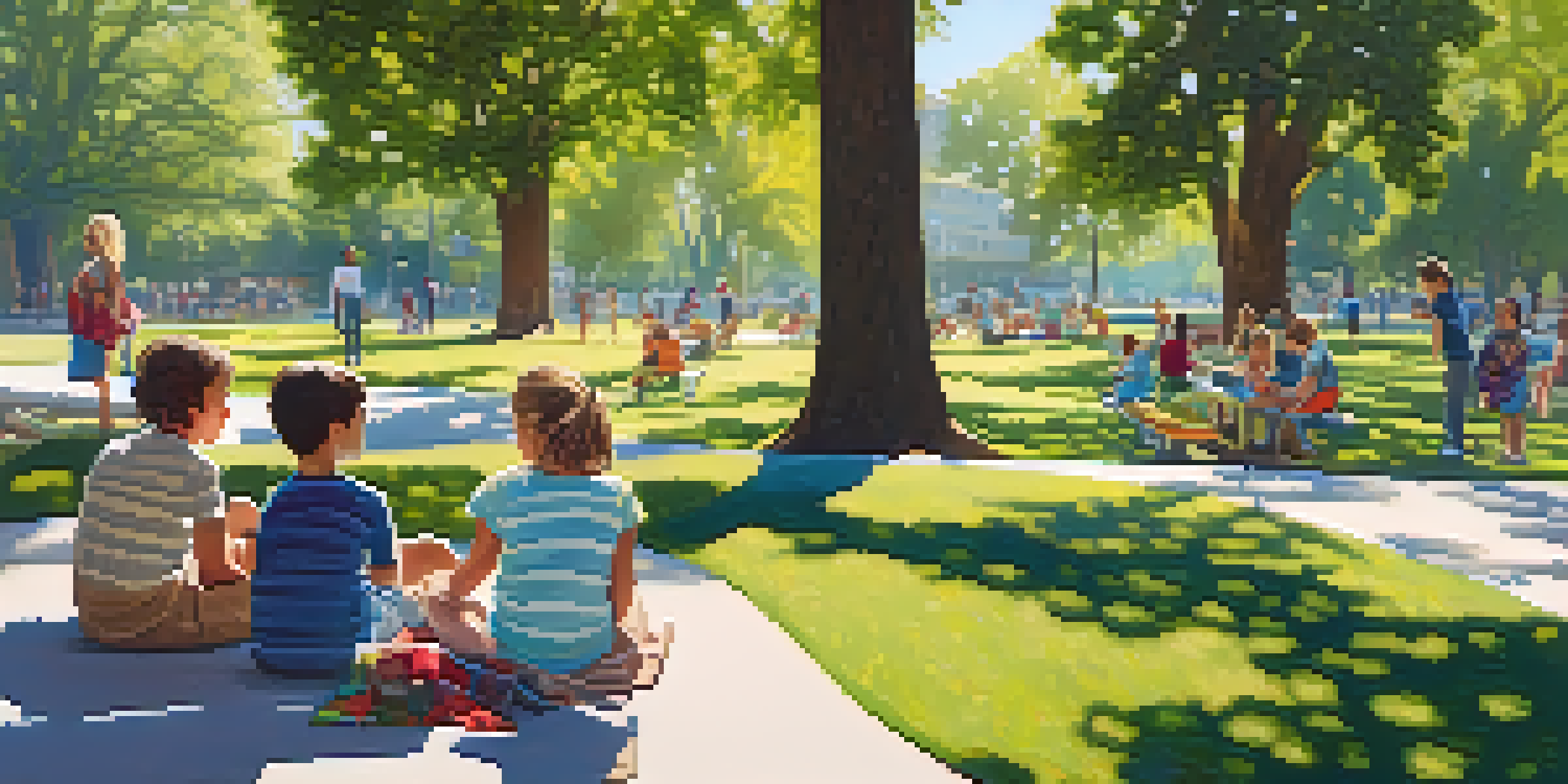 A lively urban park in Sacramento with diverse people enjoying nature, featuring trees, flowers, and modern buildings in the background.