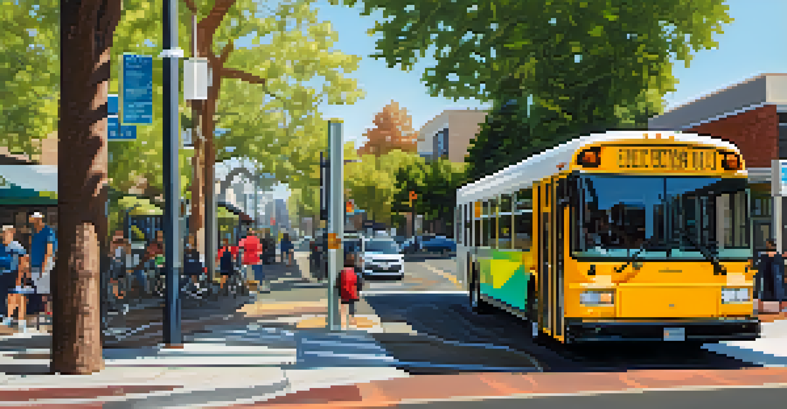 An electric bus at a bus stop in a busy Sacramento neighborhood, with people and shops around, promoting sustainable transport.