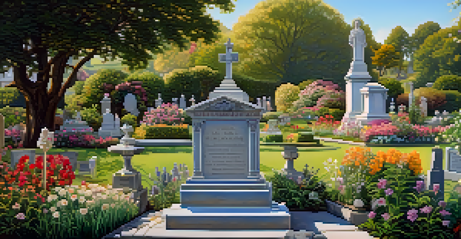 The grave of John Sutter, adorned with flowers and a clear sky, showcasing the intricate details of the headstone and garden.
