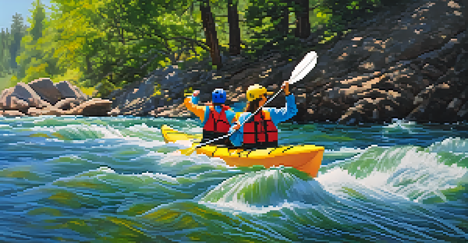 A group of kayakers navigating gentle rapids on the American River, surrounded by green trees and sparkling water.