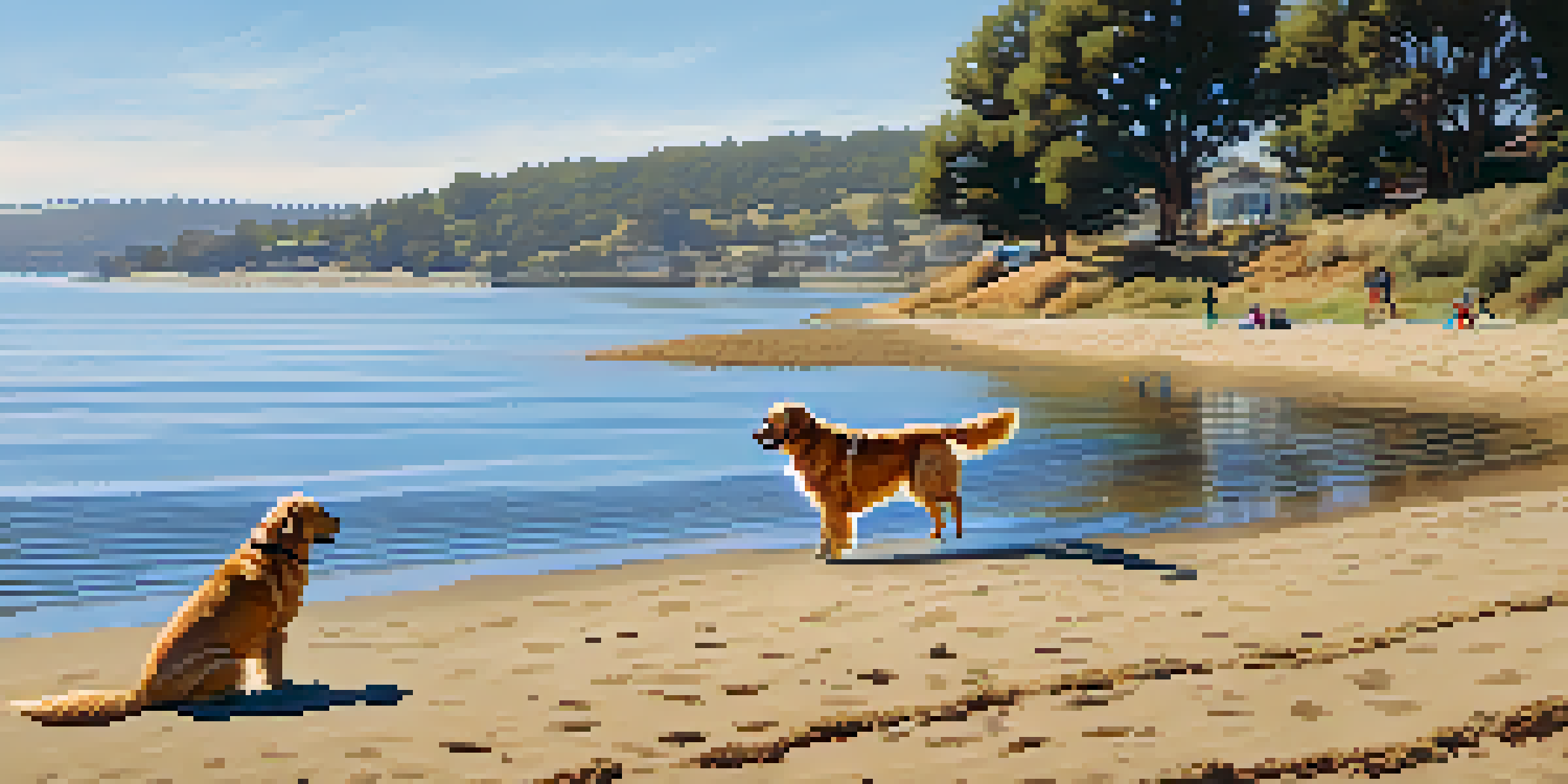 A golden retriever splashing in the water at a pet-friendly beach with people and other dogs in the background.