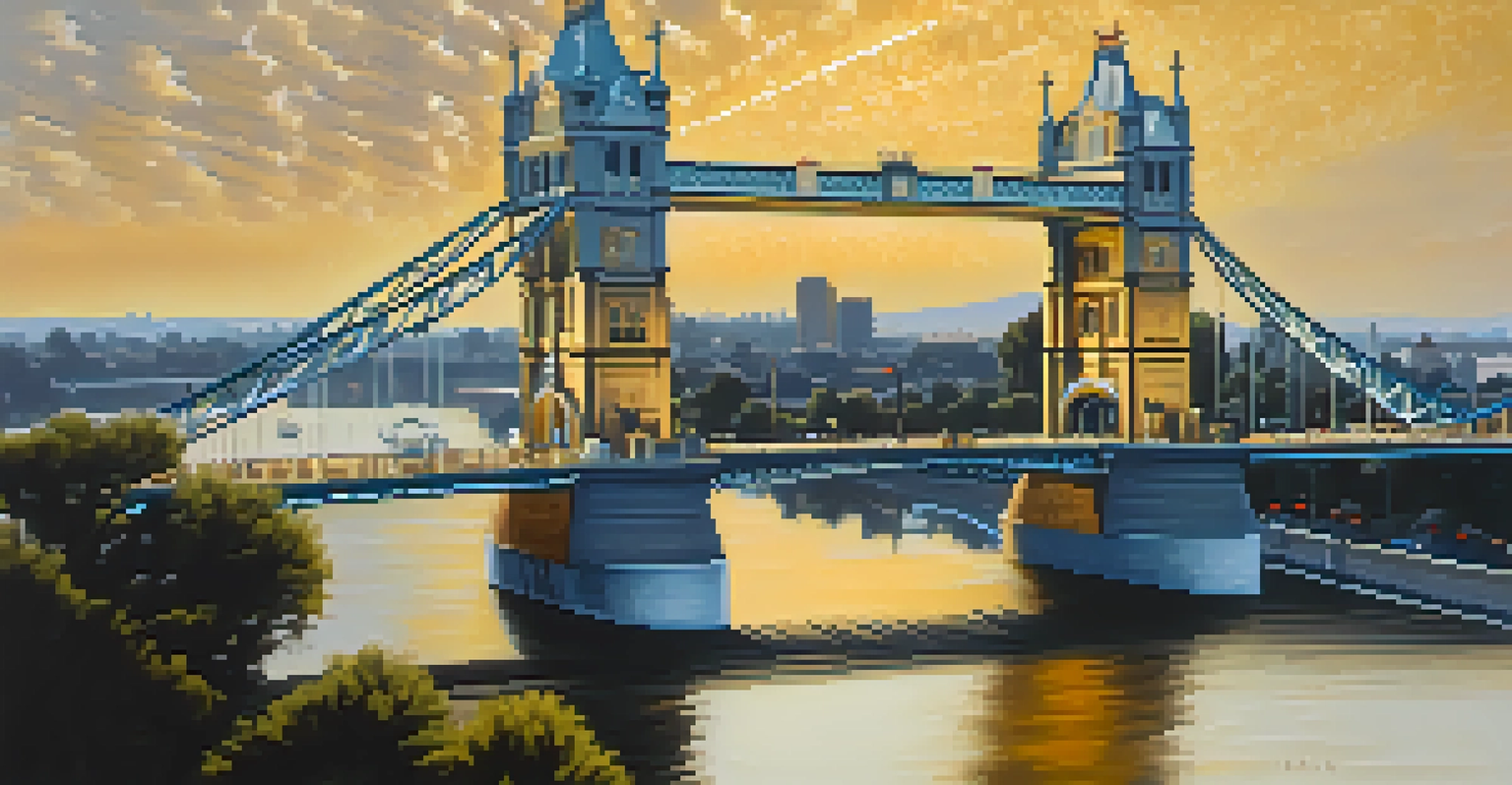 Aerial view of the Tower Bridge with its gold color, lifted for a passing boat, against the backdrop of the Sacramento River and skyline.