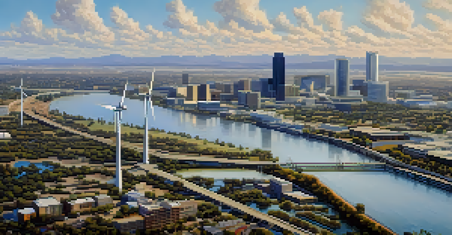 An aerial view of Sacramento showing city buildings and wind turbines harmoniously integrated into the landscape.