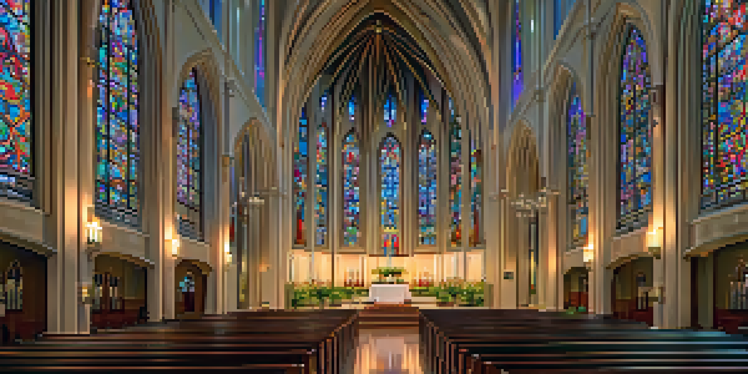 Interior view of the Cathedral of the Blessed Sacrament with stained glass windows and wooden pews bathed in colorful light.