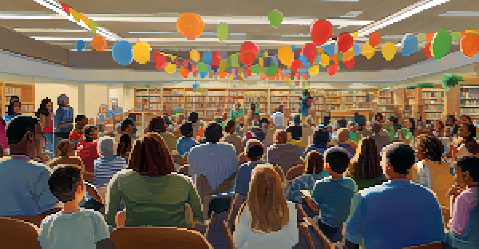 A lively community event at a Sacramento library, featuring diverse attendees enjoying an author reading in a warmly lit space.