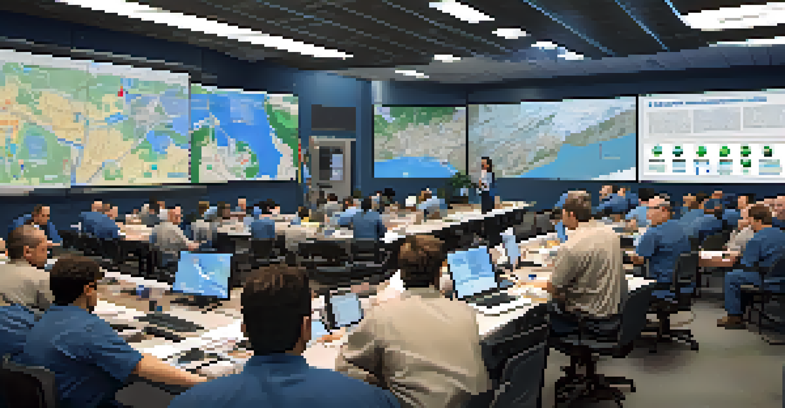 An emergency response center in Sacramento with NGO workers and city officials collaborating around a map and discussing strategies during a disaster.