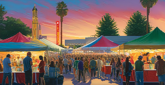 A lively local film festival in Sacramento with colorful tents, diverse attendees, and film posters, illuminated by soft evening light.