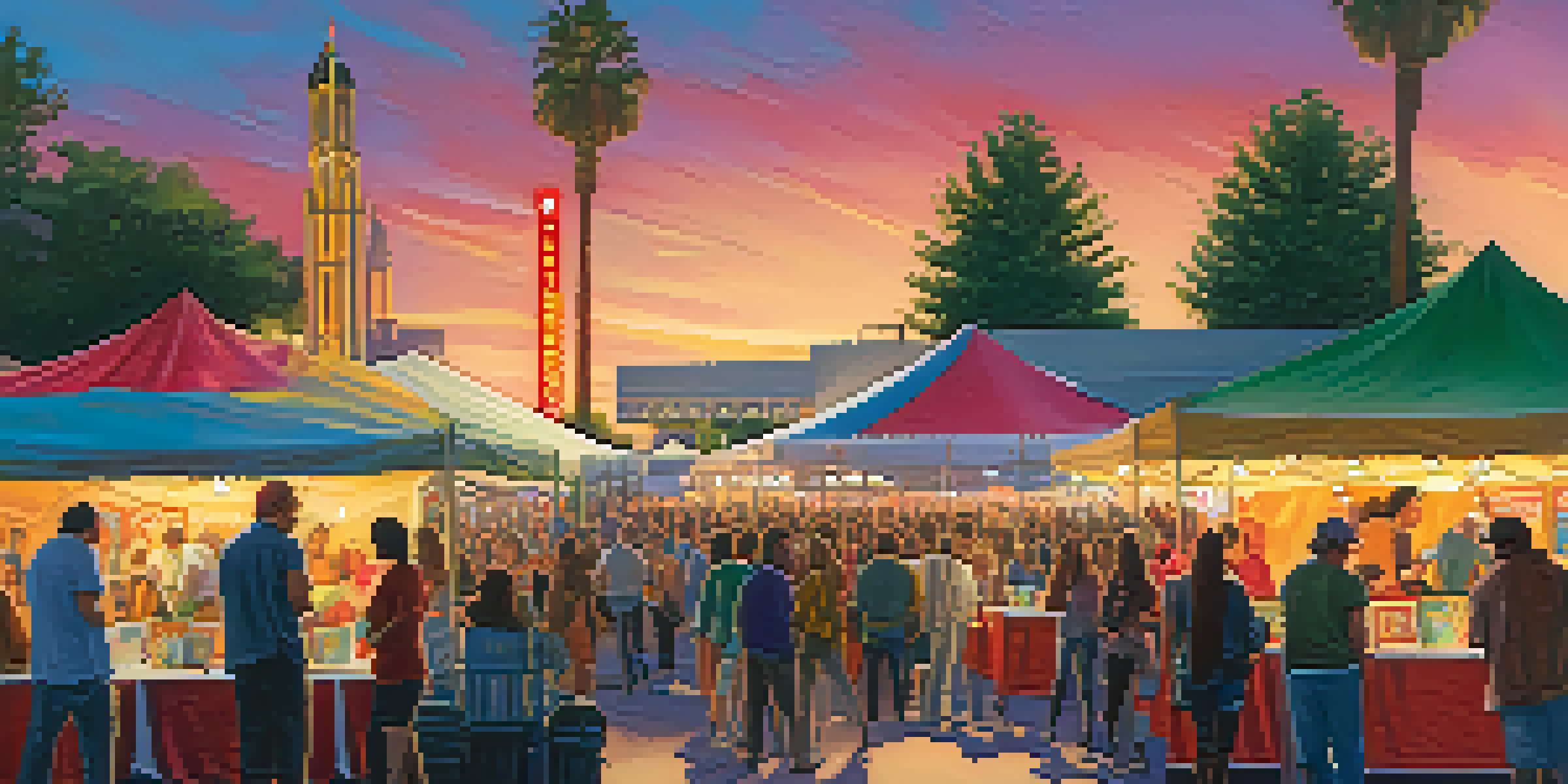 A lively local film festival in Sacramento with colorful tents, diverse attendees, and film posters, illuminated by soft evening light.