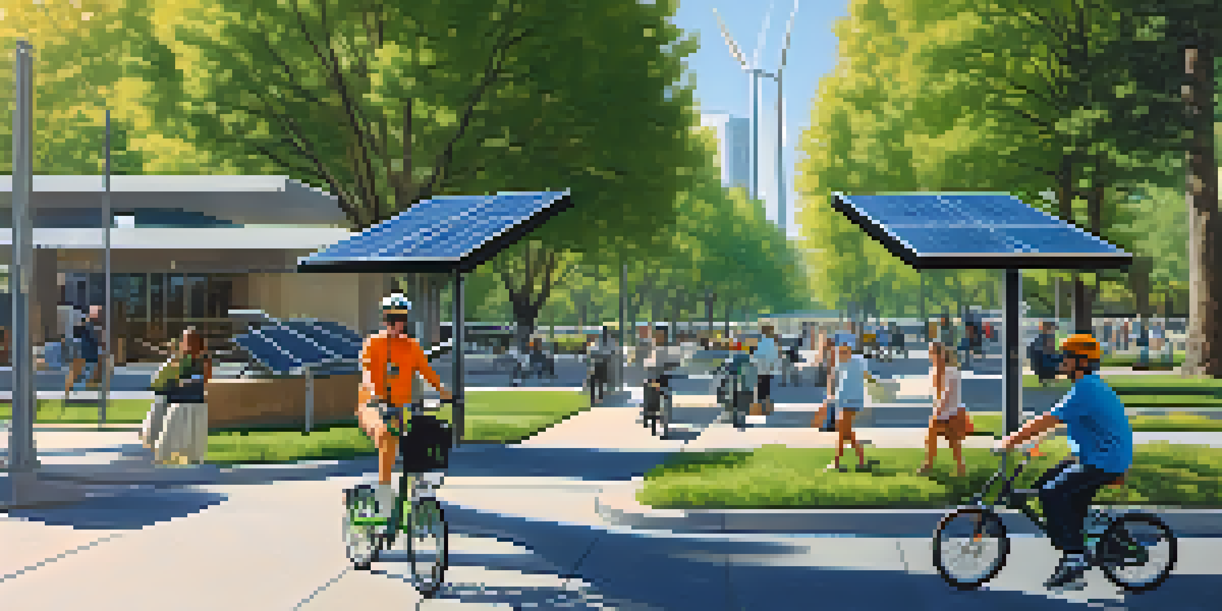 A sunny urban landscape in Sacramento with solar panels on buildings, green parks, and people commuting on bikes and electric scooters.