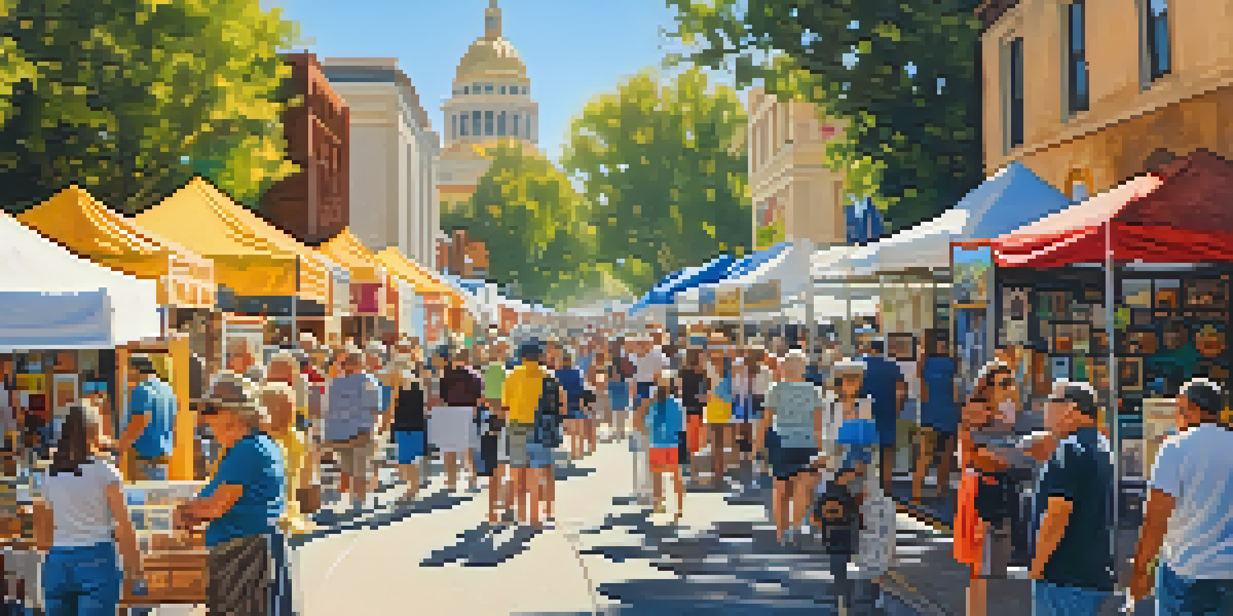 A lively street filled with artist booths at the Sacramento Arts Festival, with people exploring colorful artworks and enjoying the sunny day.