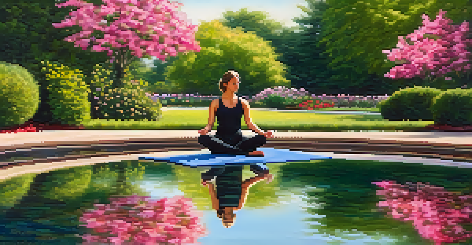 A solo yogi practicing yoga in a rose garden by a tranquil pond.
