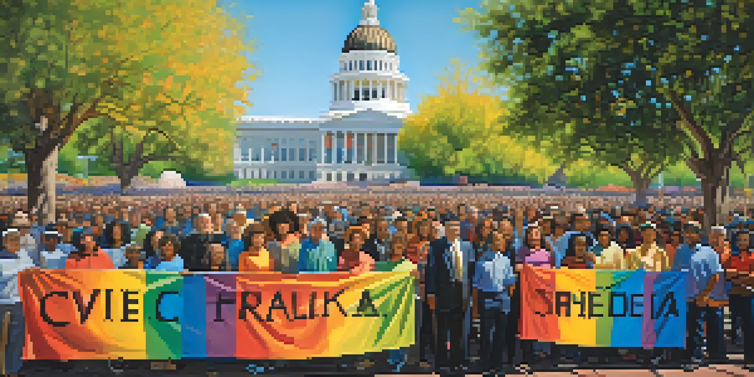 A diverse group of activists in front of the California State Capitol, holding banners advocating for civil rights under a sunny sky.