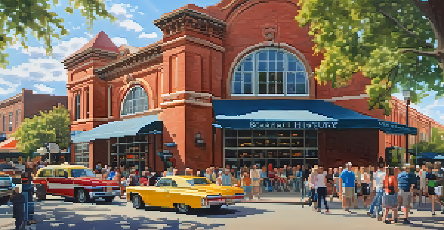 The Sacramento History Museum's brick facade amidst a lively street fair, featuring colorful tents and local artisans.