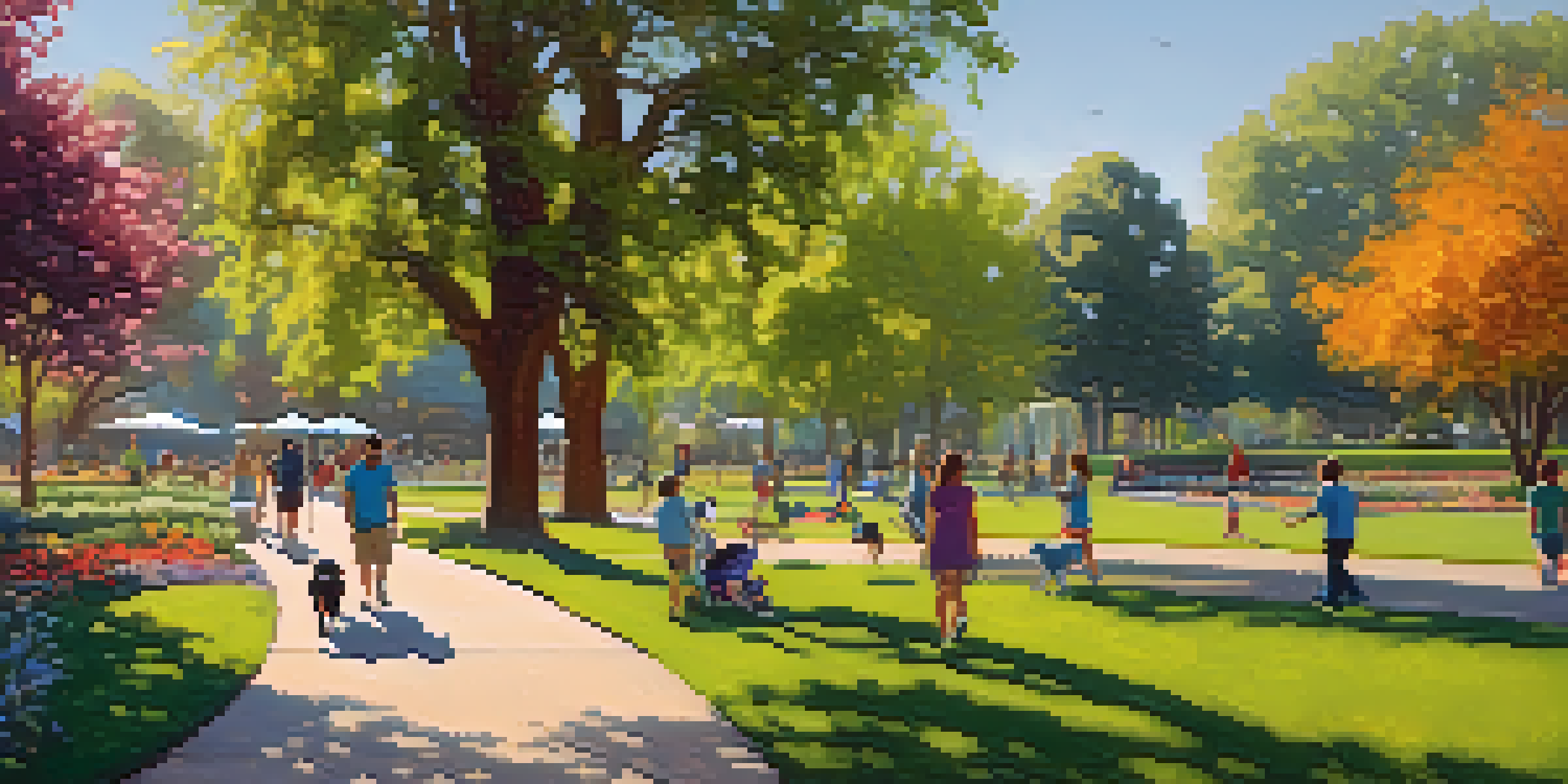 A lively urban park in Sacramento with diverse trees, colorful flowers, and people enjoying various activities under warm sunlight.