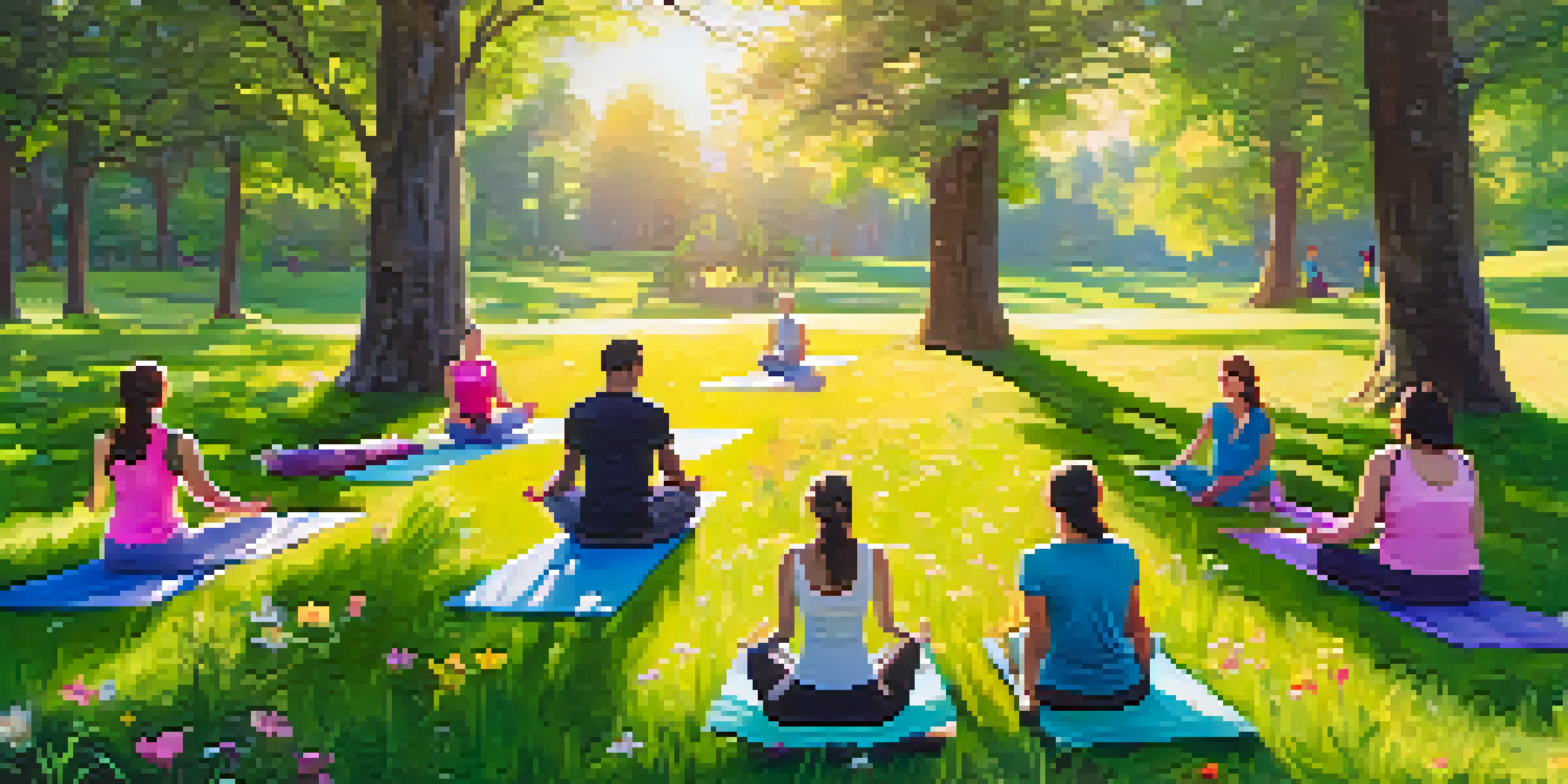 A group of people practicing yoga in a sunny meadow surrounded by nature, with trees and flowers around them.