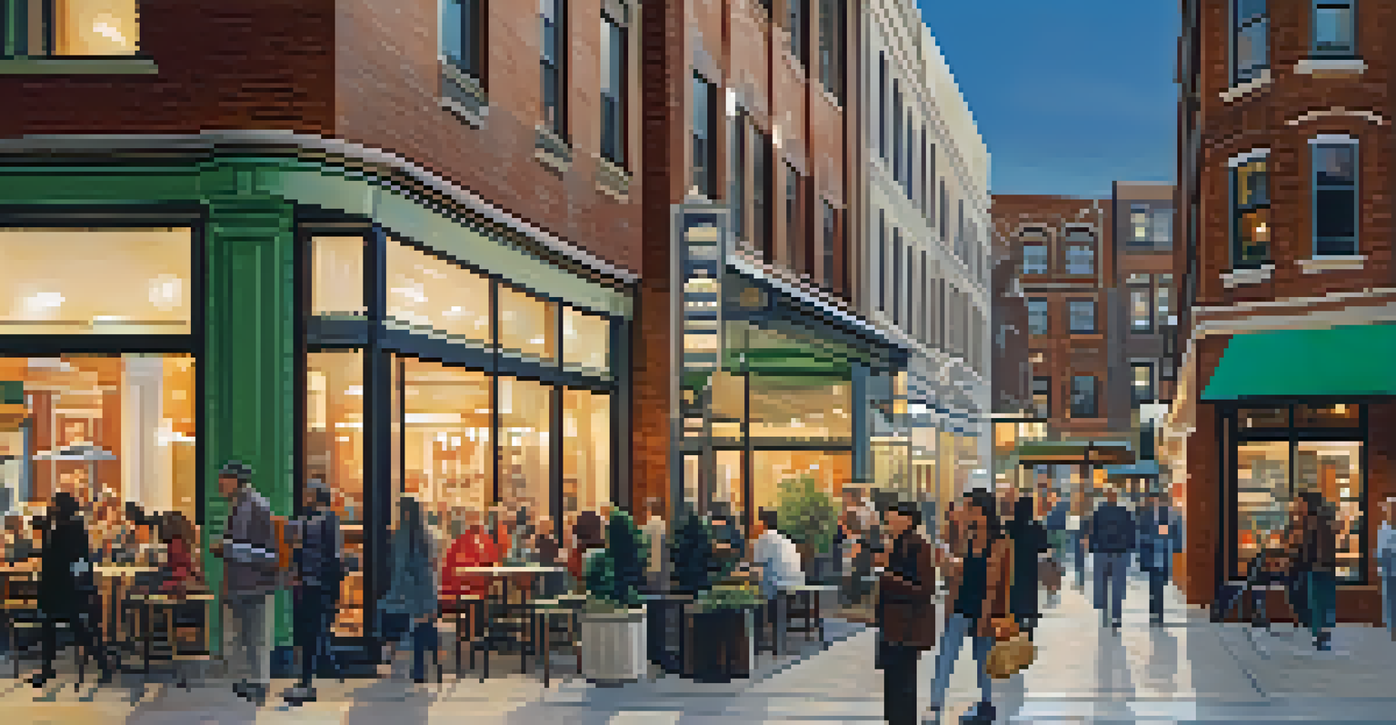 A lively downtown street with mixed-use buildings, cafes, and pedestrians enjoying the atmosphere in the evening light.