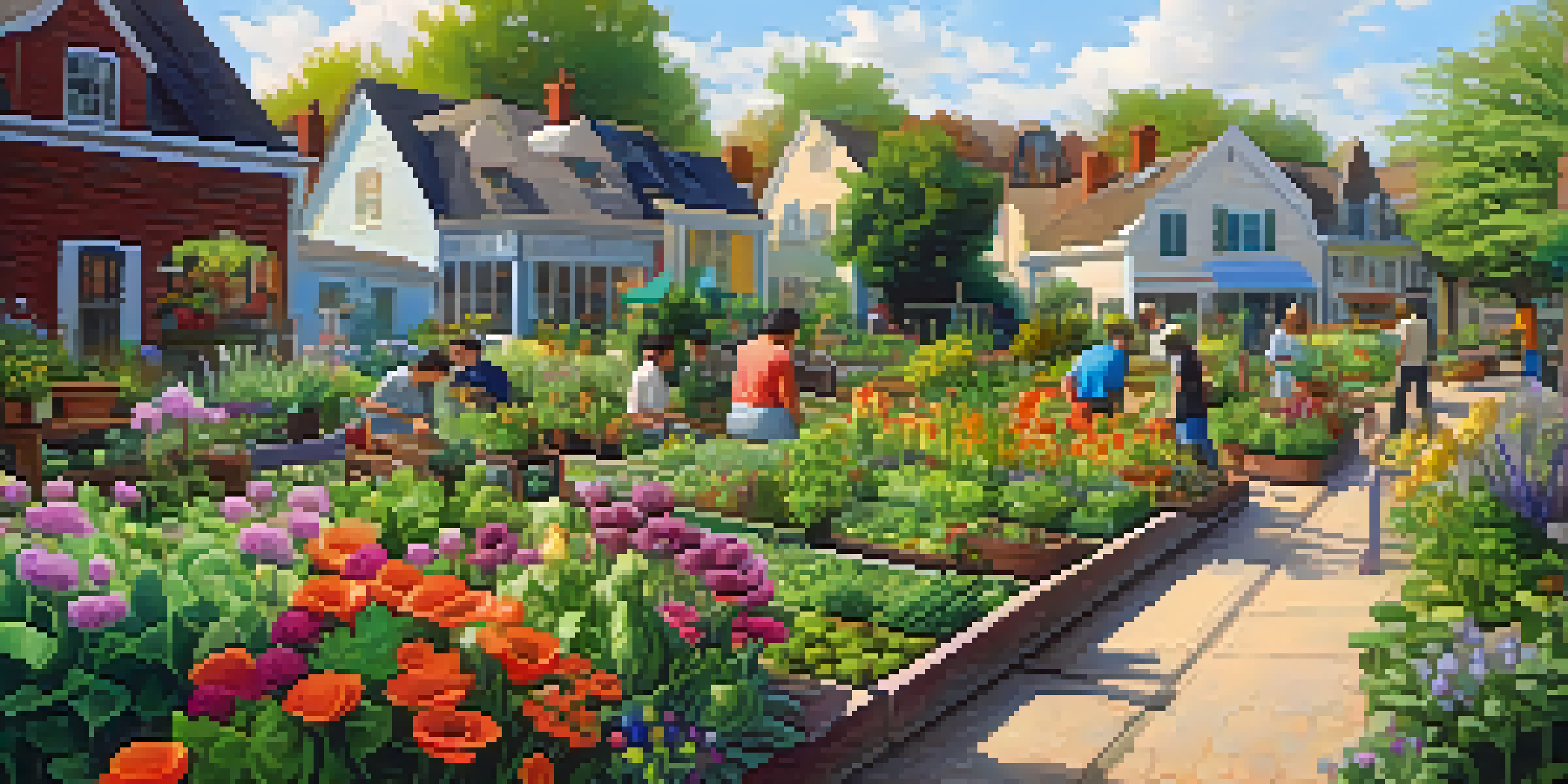 A bustling community garden with residents of various backgrounds tending to colorful flowers and vegetables under bright sunlight.
