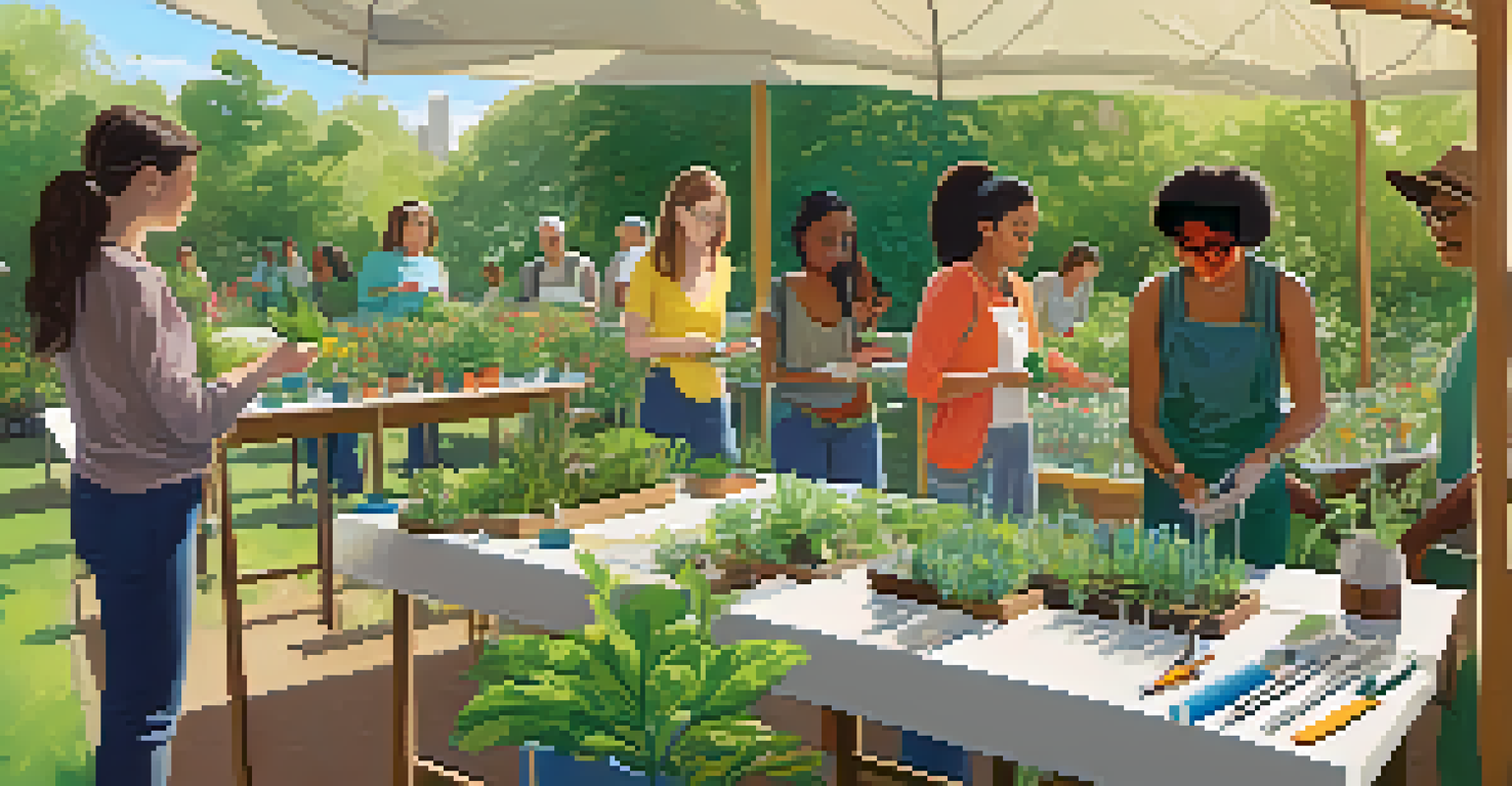 People participating in a gardening workshop in Sacramento's Botanic Gardens, surrounded by greenery and plants, with an instructor demonstrating techniques.