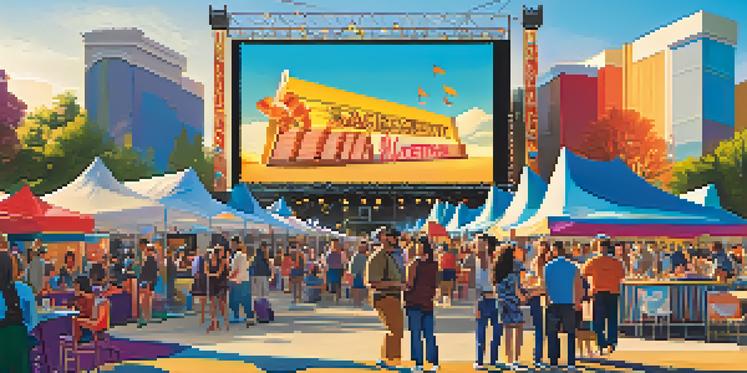 A lively outdoor film festival in Sacramento with a large screen and a diverse crowd of attendees enjoying the event.