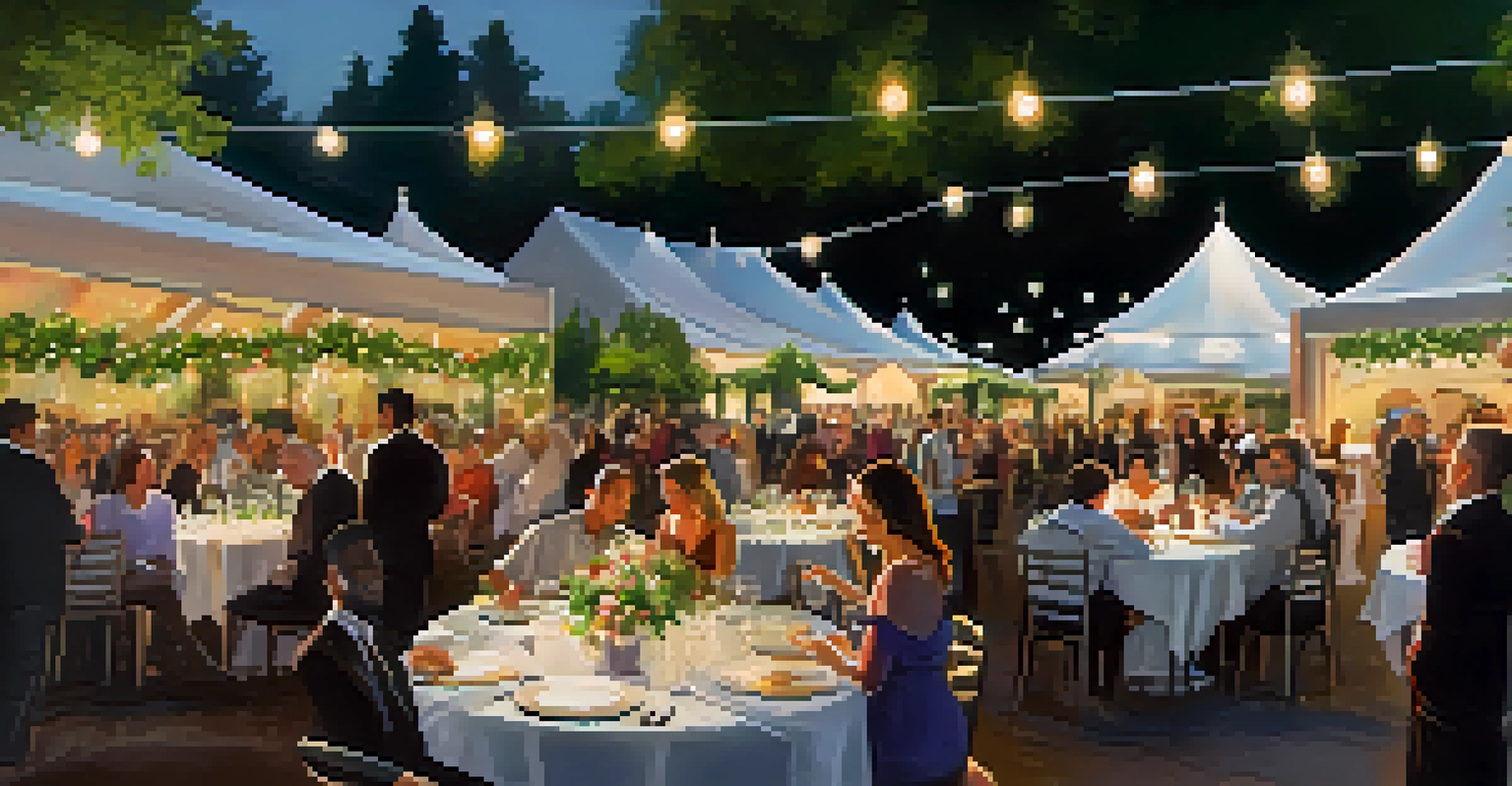 An elegant outdoor wine and food festival with attendees enjoying gourmet dishes and wine in a beautiful setting.
