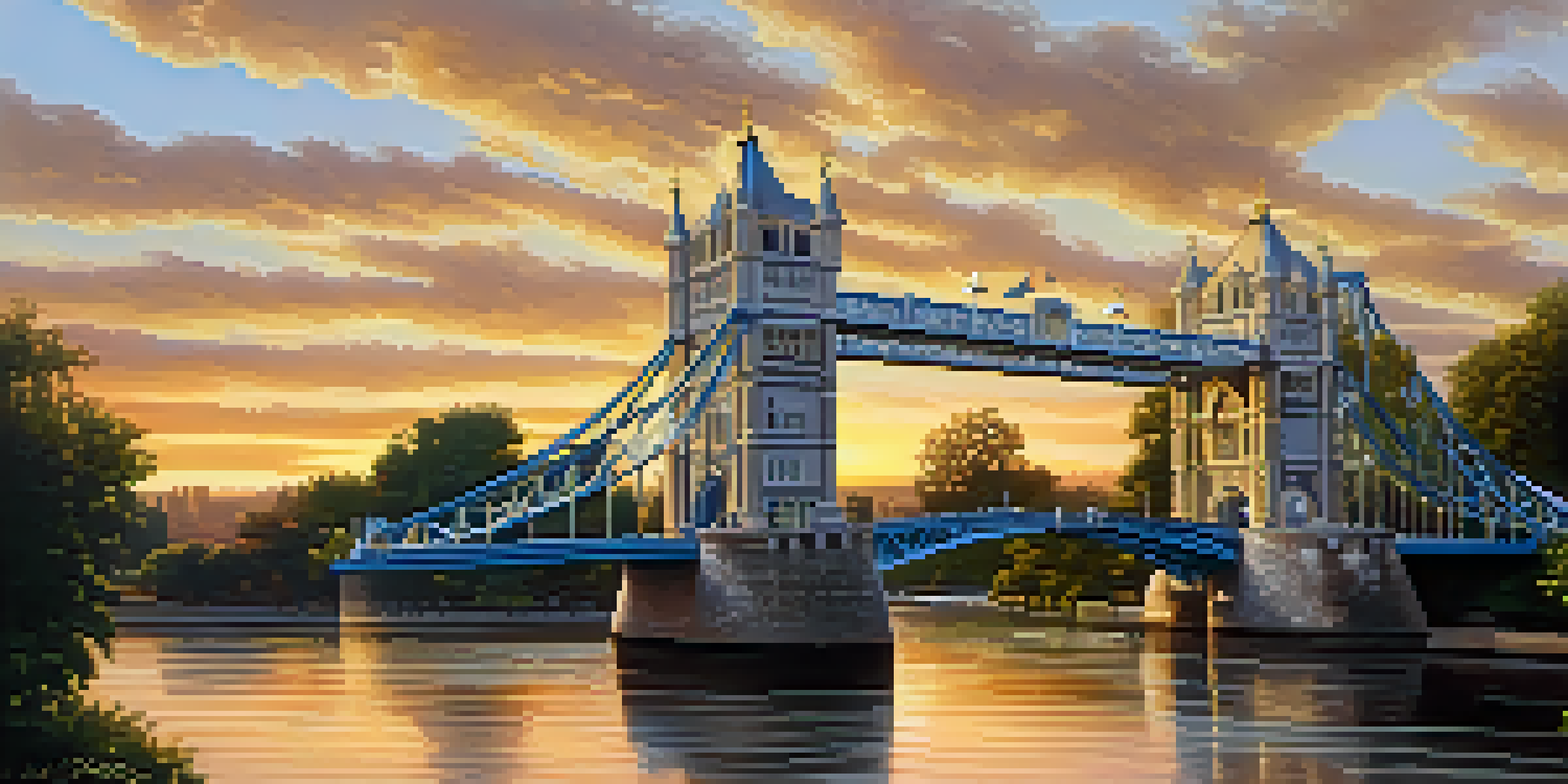 A sunset view of Tower Bridge in Sacramento, highlighting its gold color and Art Deco design with reflections in the river.