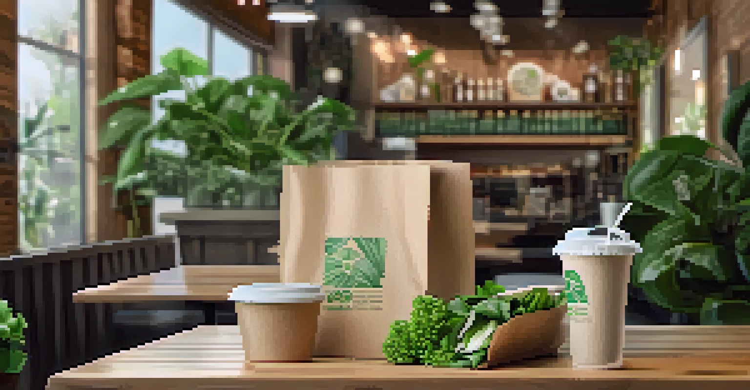 Eco-friendly takeout packaging with biodegradable containers and a customer holding a meal.