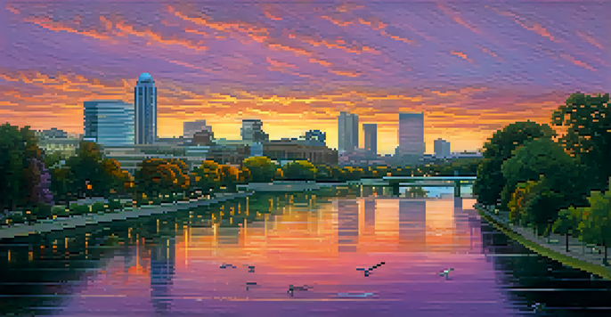 A panoramic view of Sacramento at sunset with vibrant sky colors reflecting on the rivers, modern buildings in the background, and greenery in the foreground.