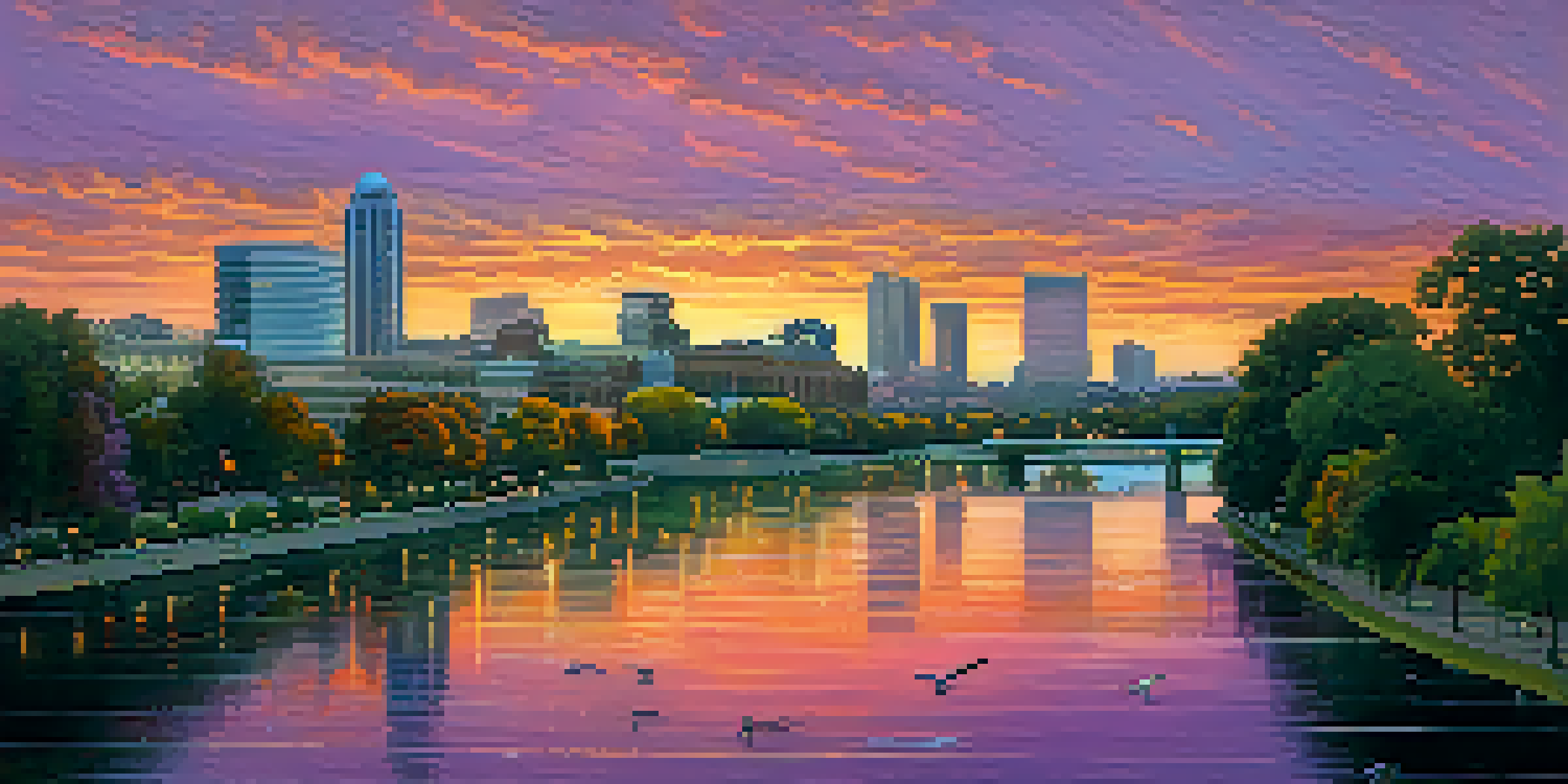 A panoramic view of Sacramento at sunset with vibrant sky colors reflecting on the rivers, modern buildings in the background, and greenery in the foreground.