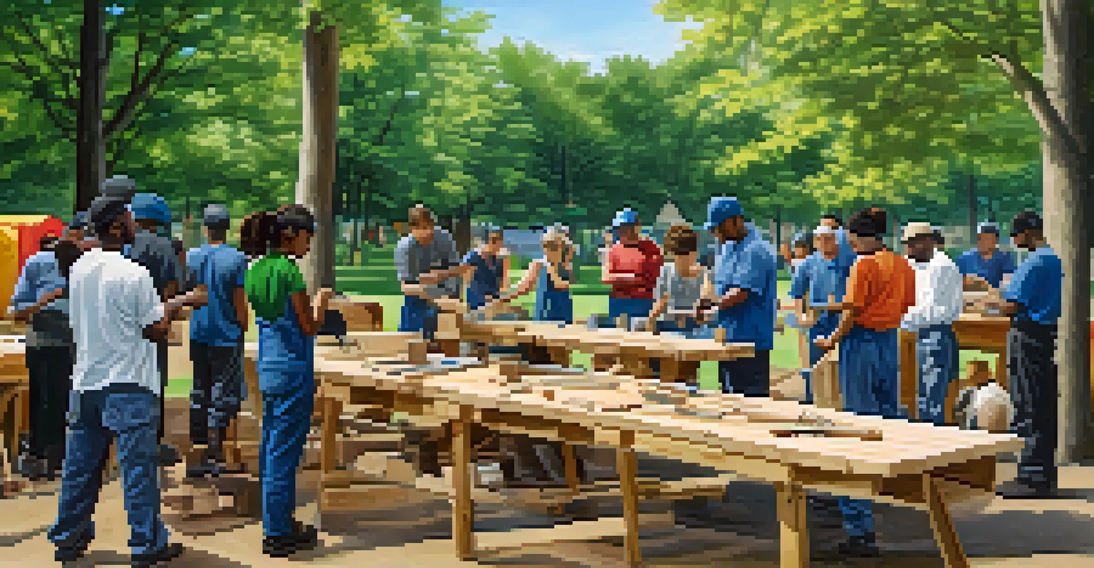 Local residents participating in an outdoor vocational training workshop in a park, learning carpentry skills with an instructor.