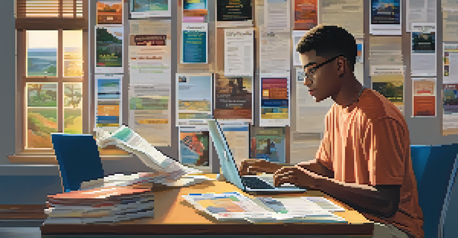 A student examining financial aid information at a desk cluttered with brochures and a laptop, in a cozy study space.