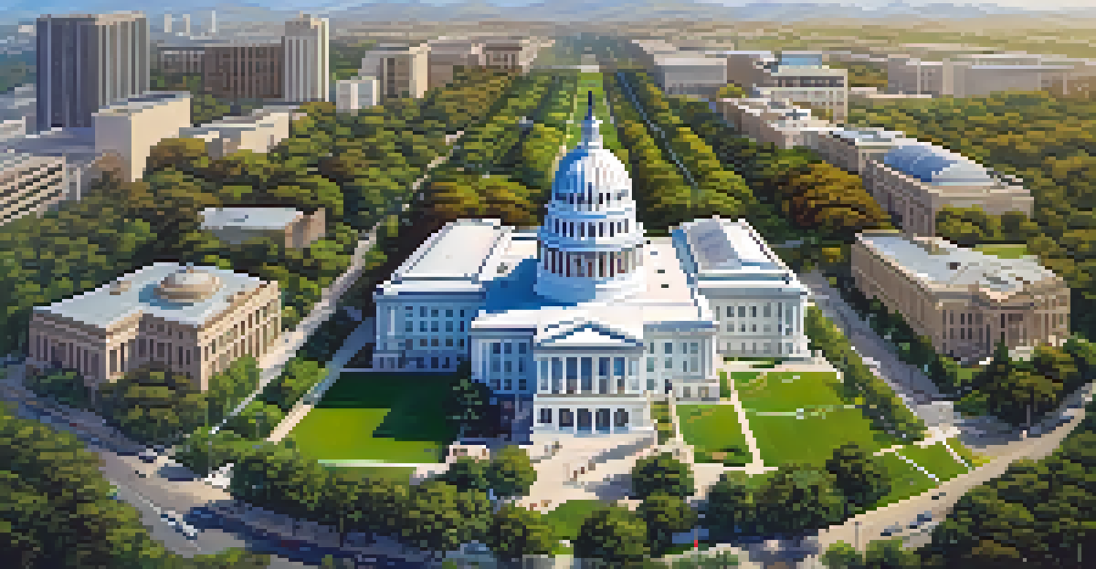 Aerial view of the California State Capitol building in Sacramento, surrounded by parks and city life, under a clear blue sky.