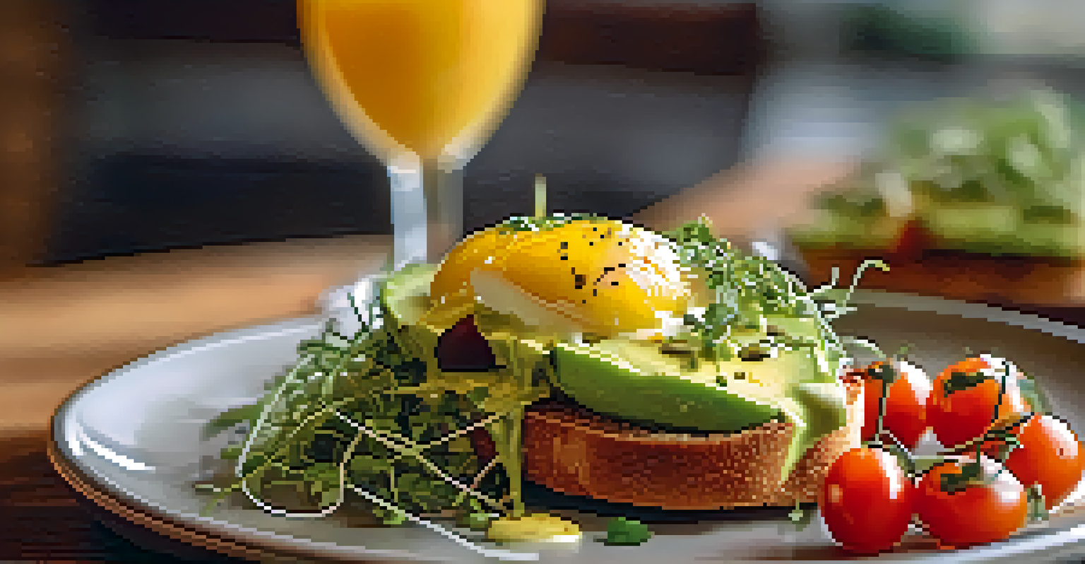 A close-up of an avocado toast topped with fresh herbs and cherry tomatoes in a cozy café setting.
