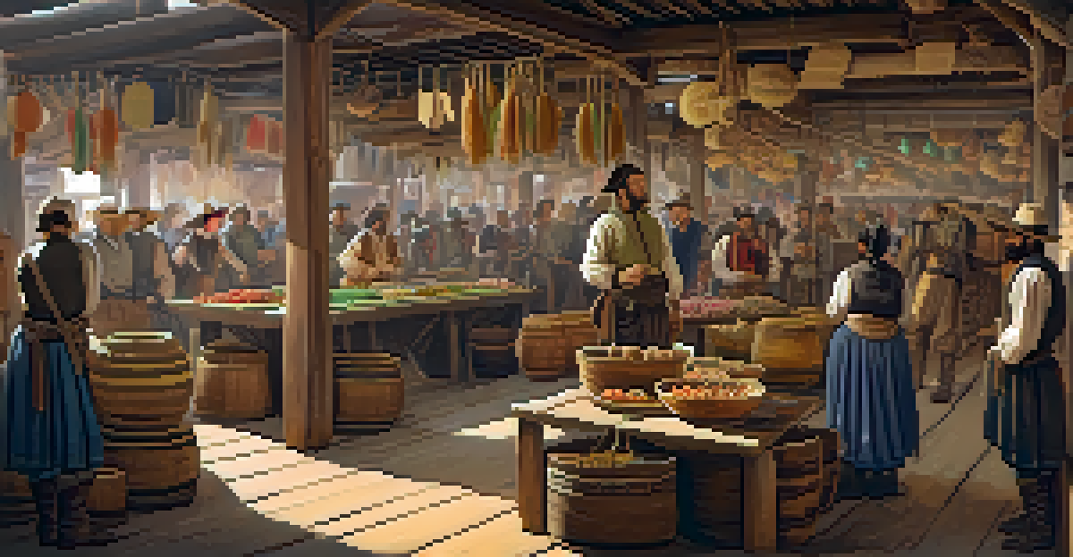 An interior view of Sutter's Fort marketplace with traders and stalls filled with goods.