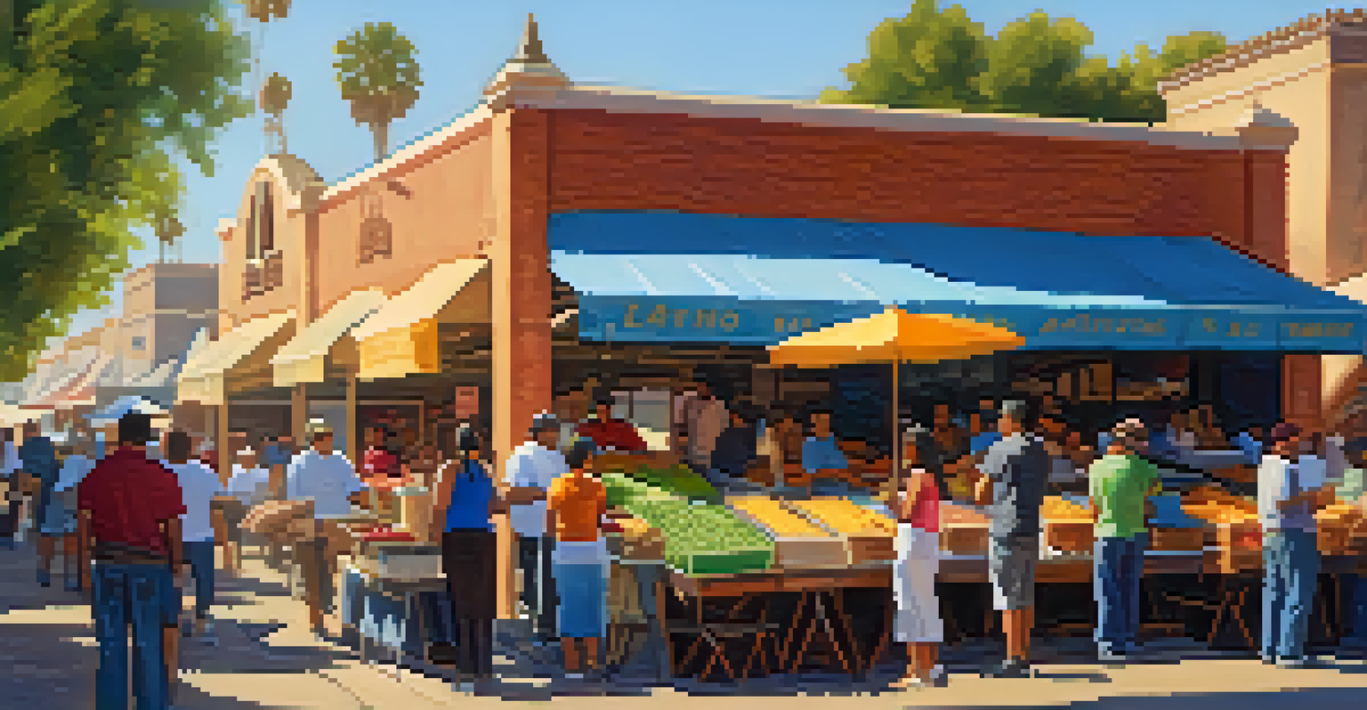 A lively market in Sacramento featuring stalls with Latino cuisine and colorful decorations, with customers enjoying the atmosphere.