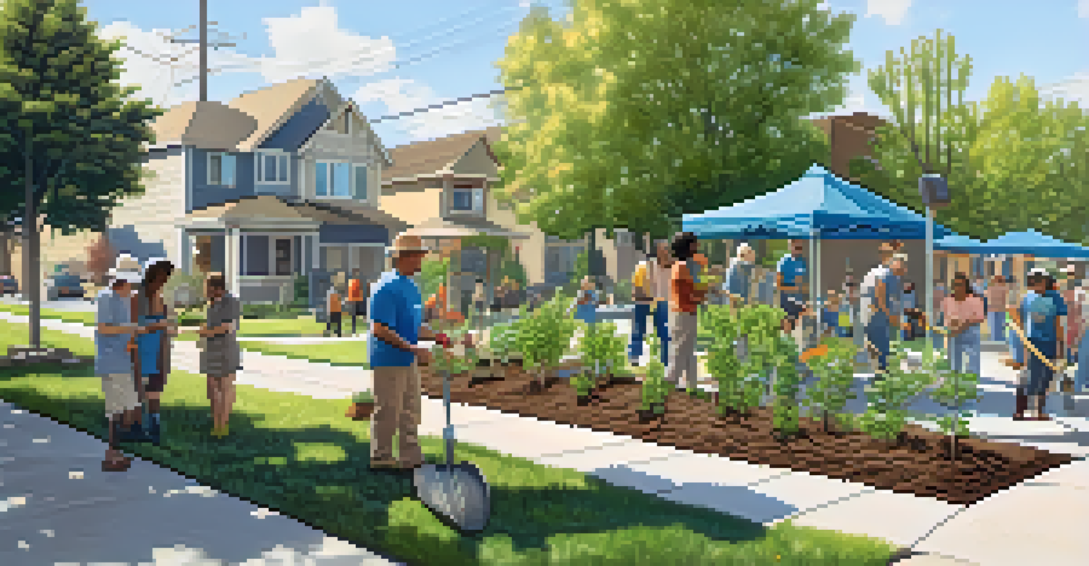 Residents participating in a community tree-planting event, planting trees along a sidewalk in a Sacramento neighborhood.