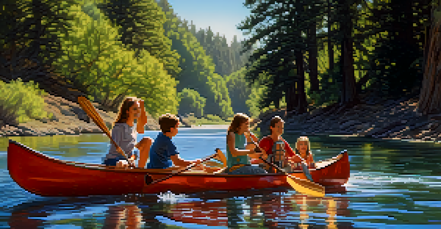 A family canoeing on the Sacramento River, with happy expressions and a sunny day backdrop.