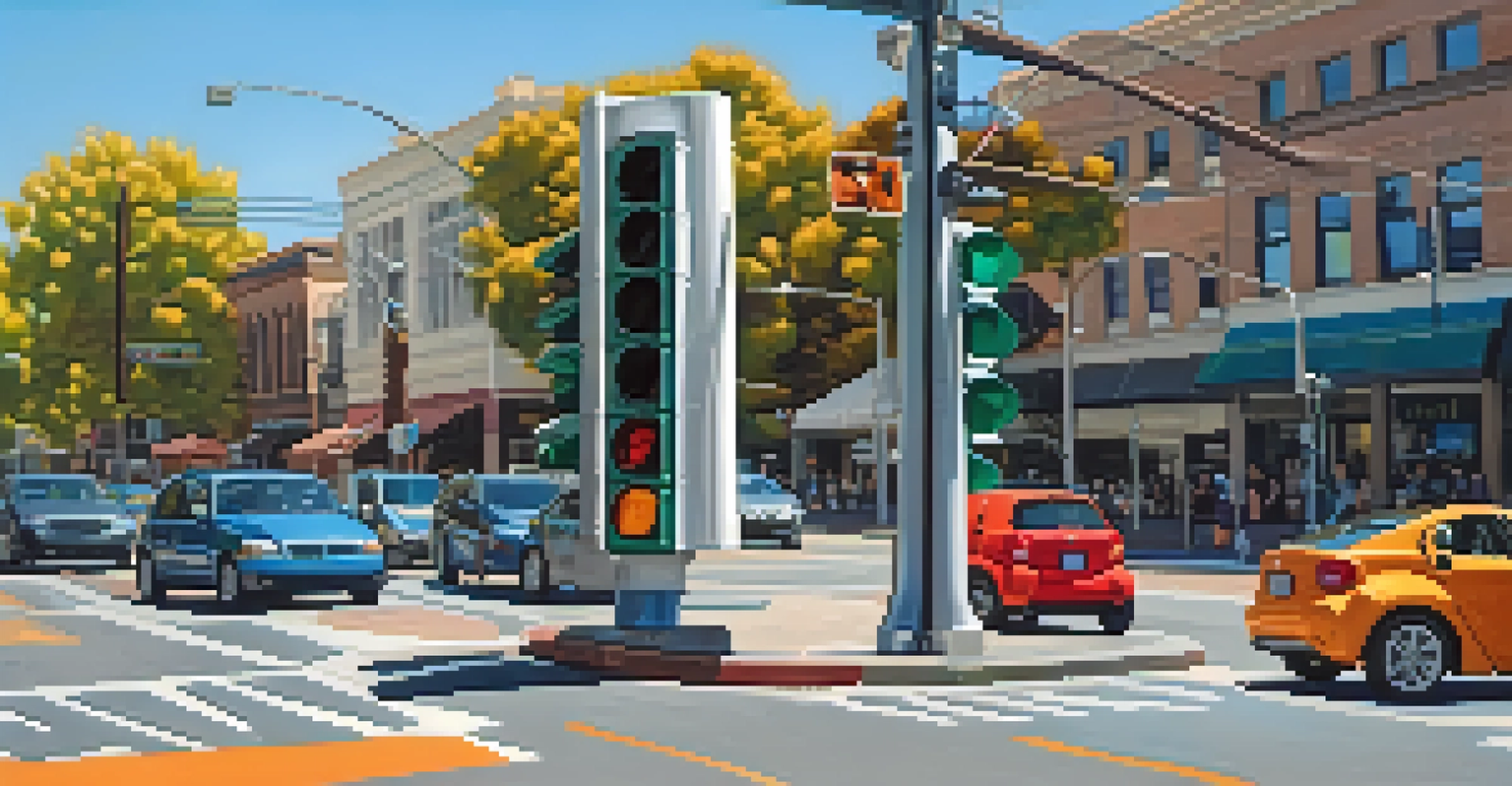 A close-up of a smart traffic signal in Sacramento with electric vehicles at an intersection, showcasing the integration of technology in urban transport.