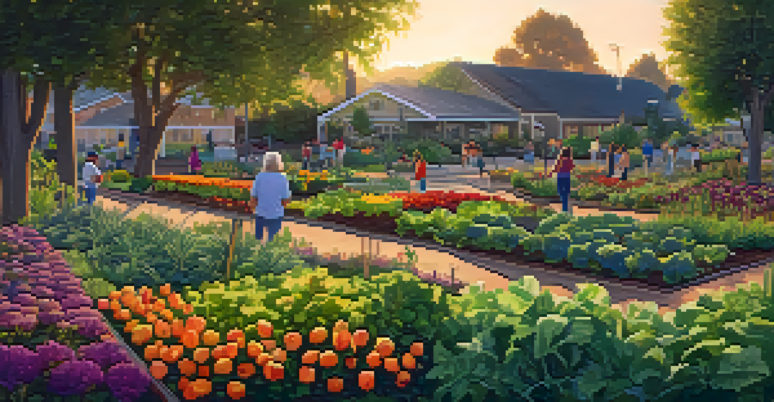 A community garden in Sacramento with diverse residents tending to plants, showcasing teamwork and vibrant greenery.