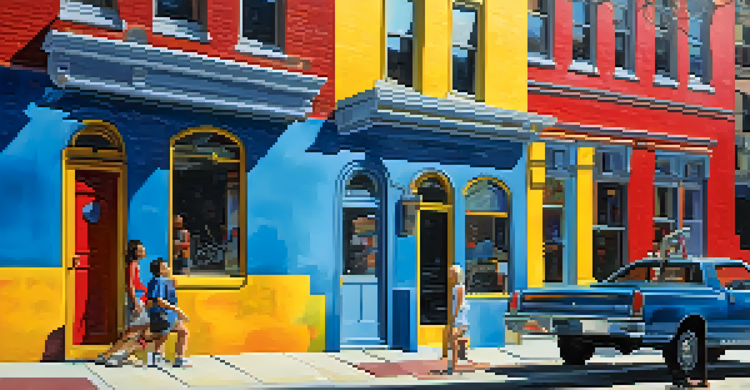 A lively street scene in Midtown's Arts District with colorful murals and people enjoying the atmosphere.