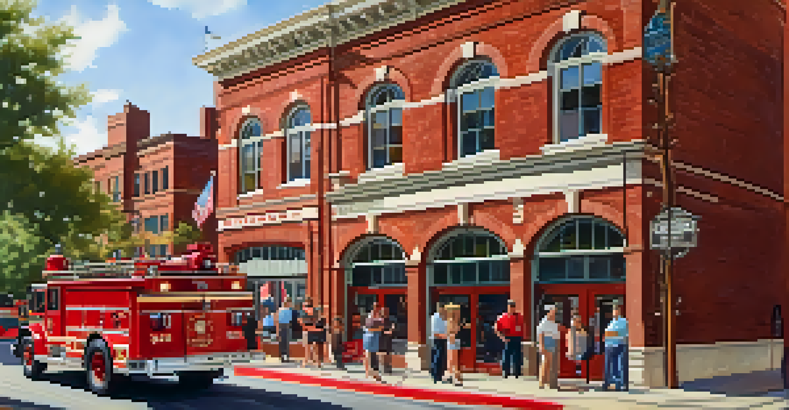 A charming brick firehouse with a docent leading a tour of visitors, surrounded by historical artifacts, and colorful banners in warm afternoon light.