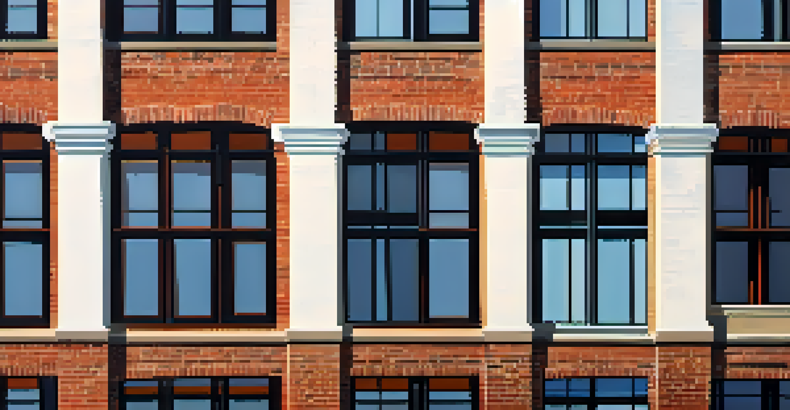 Detailed view of the architectural contrast in Sacramento's Mill District, featuring brick buildings and modern glass structures with intricate textures.