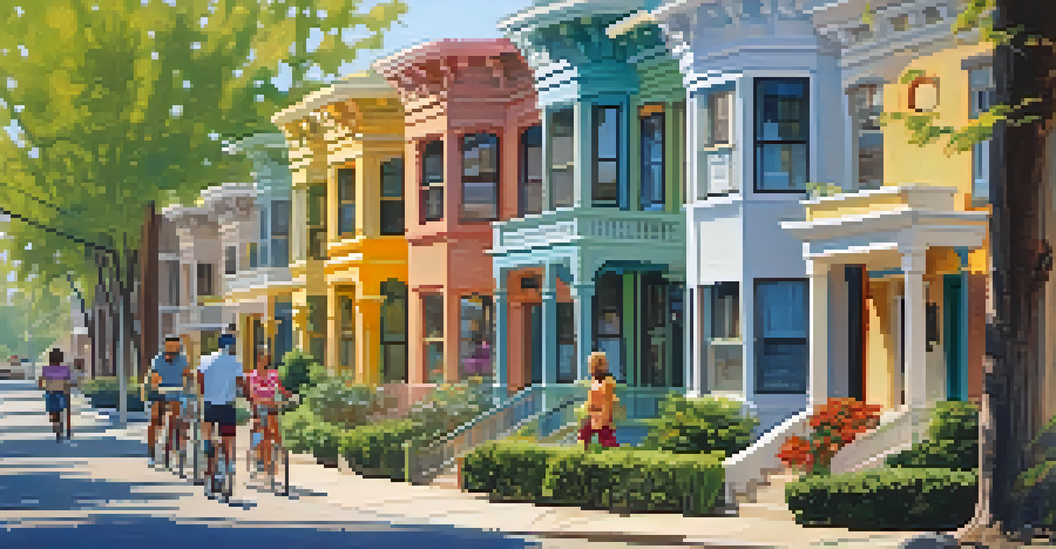 A charming Sacramento street with diverse housing styles, residents interacting, and a community atmosphere under sunny skies.