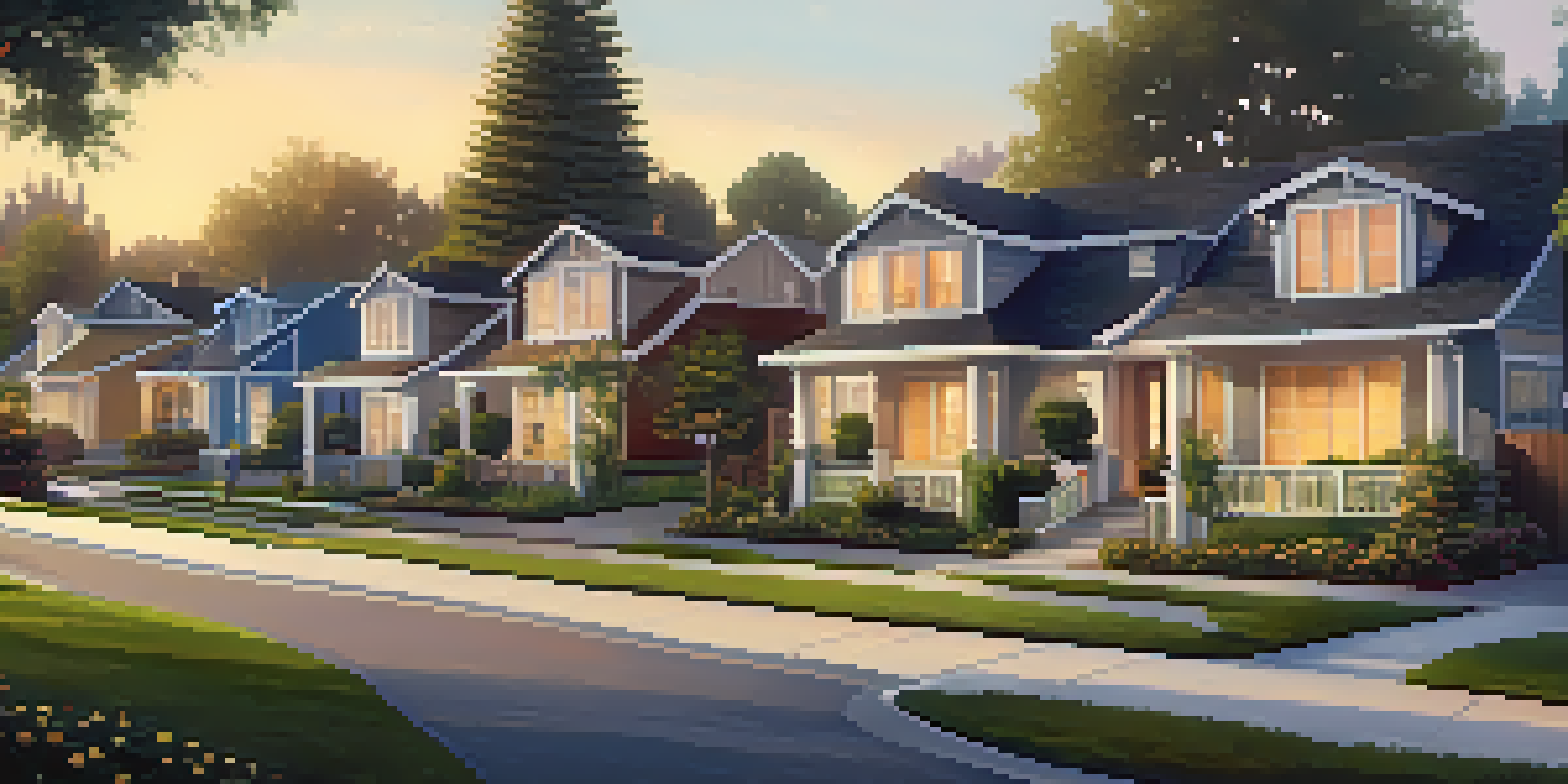 A suburban neighborhood in Sacramento with modern homes, lush greenery, and a warm sunset.