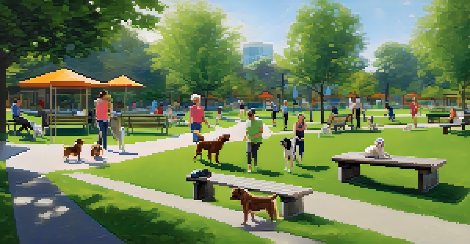 An organized dog park with distinct areas for large and small dogs, showcasing happy pets and relaxed owners in a green setting.