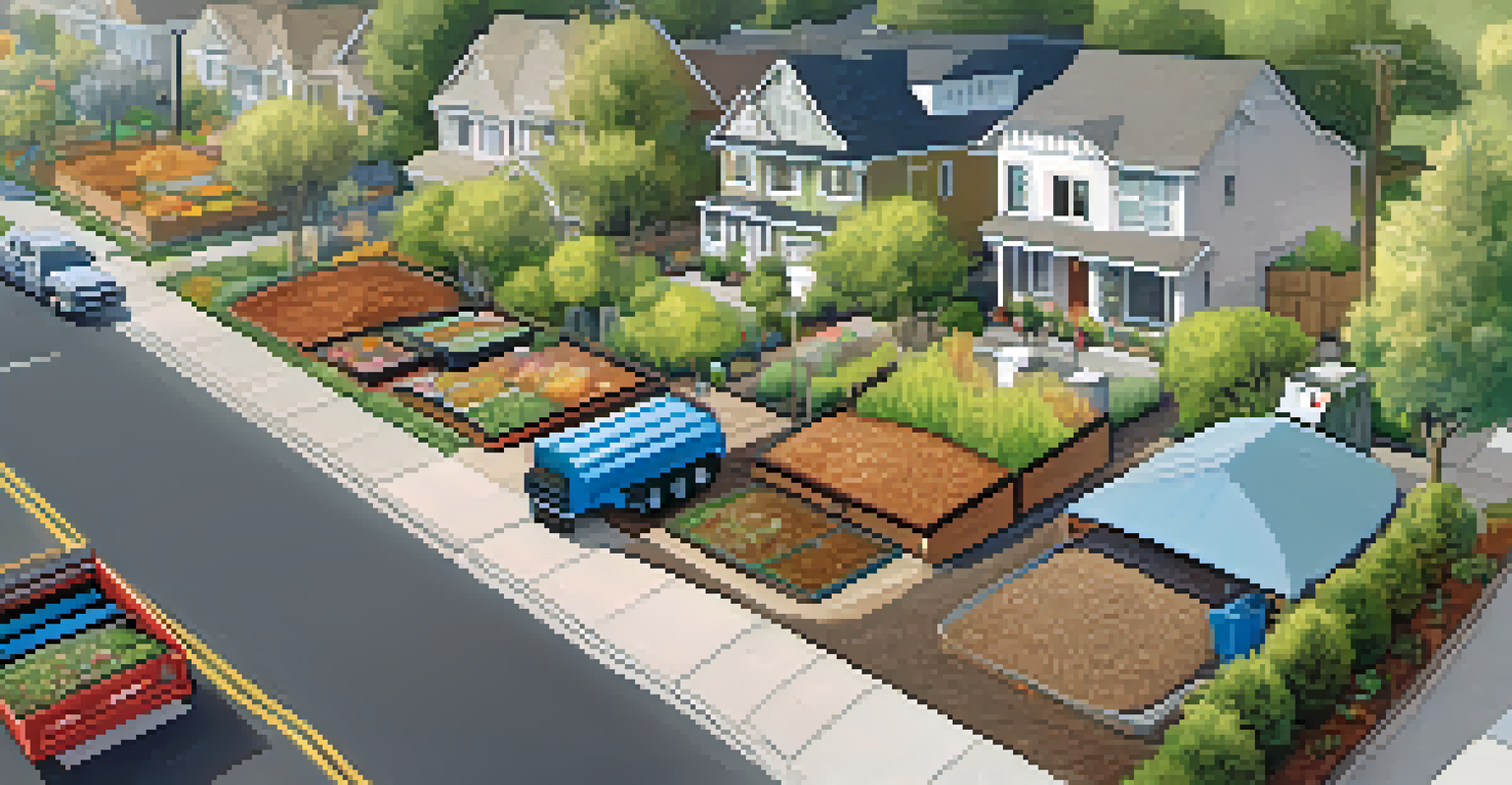 Aerial view of Sacramento's curbside composting program, showing colorful compost bins and a waste collection truck on a residential street.
